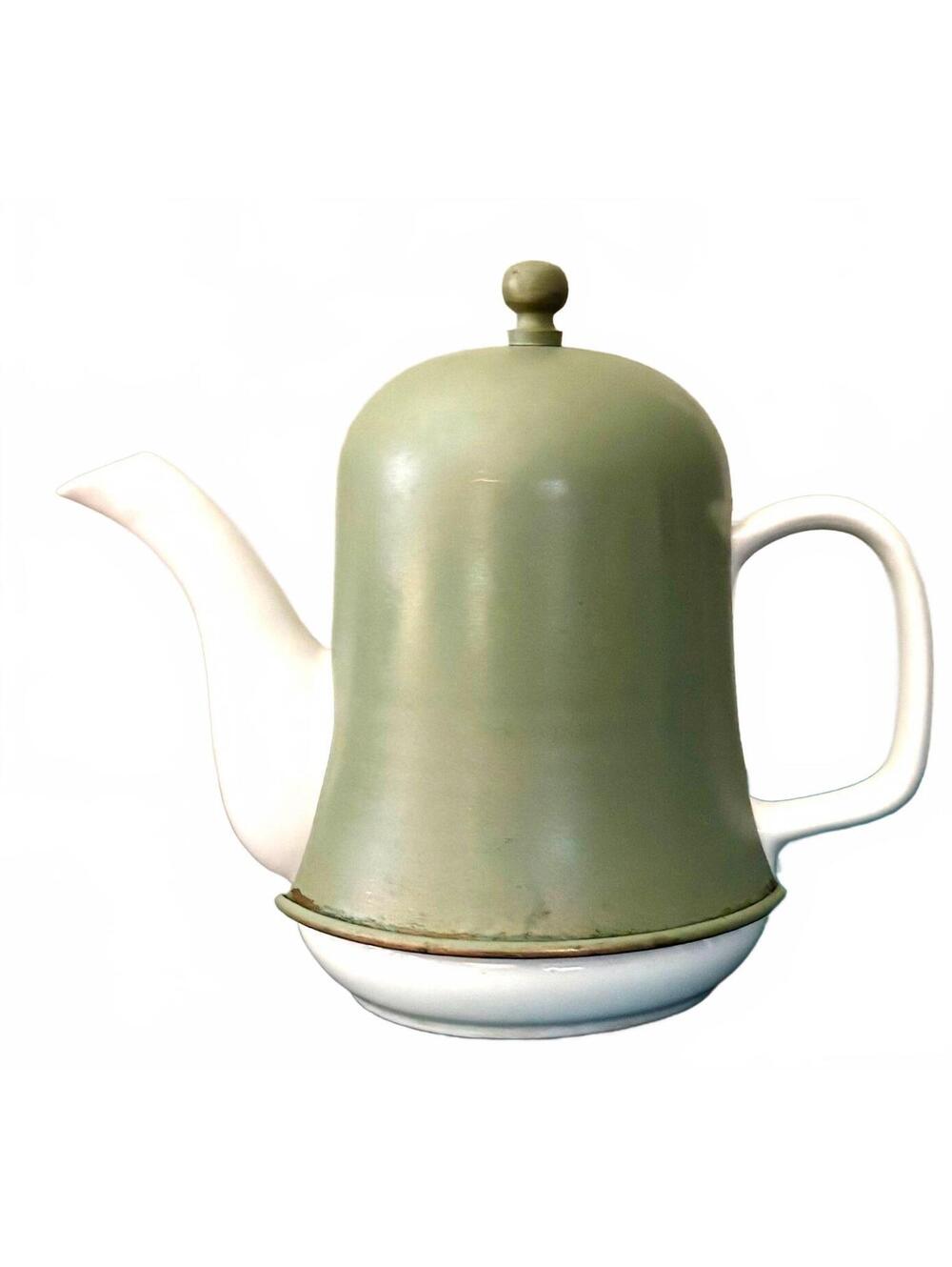 Vintage MCM Ceramic Teapot Green Metal Cozy Insulated Atomic Retro